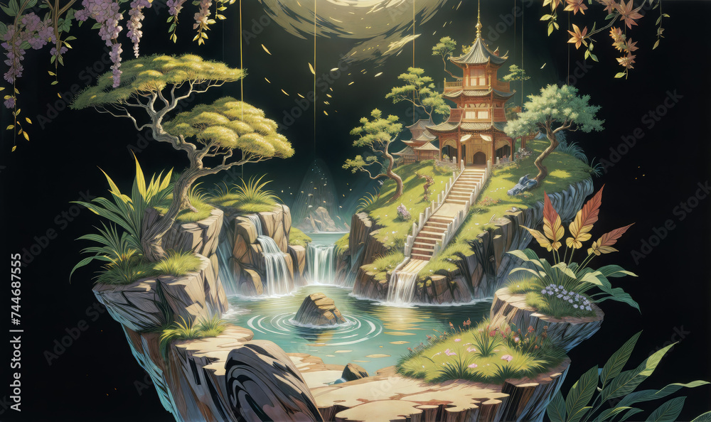 Obraz premium Temple Dragon Amidst Aquatic Serenity with Vibrant Nature and Wildlife Reflection