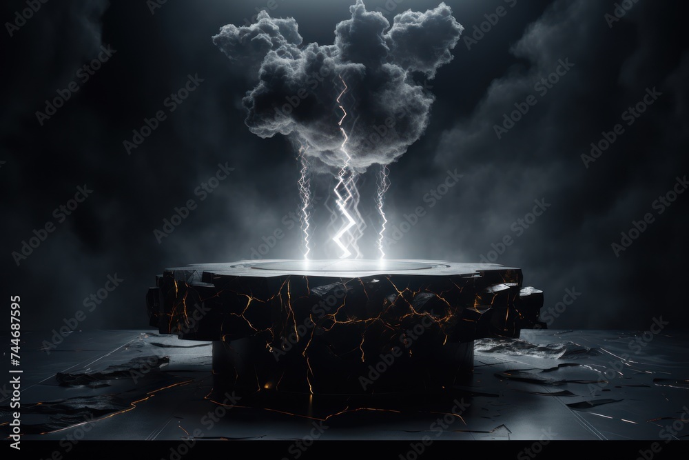 mysterious black stone podium in a cloud of electrical discharges