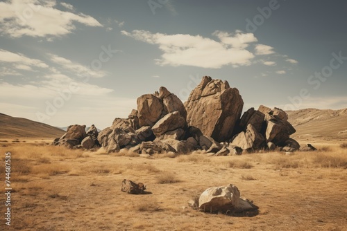 minimalists landscape ai photography, empty desert wasteland at golden hour with group of rocks © whitehoune