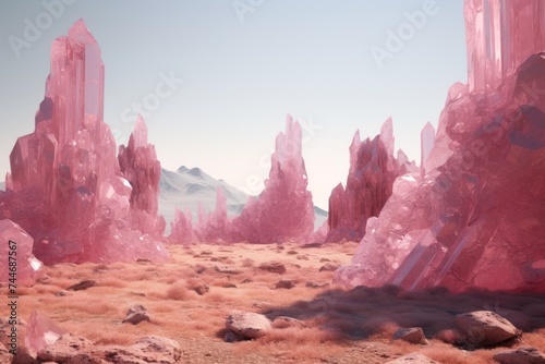 cinematic shot of a parallel world location, a Large cluster of huge natural sone crystalls shine in the middle of a wasteland photo
