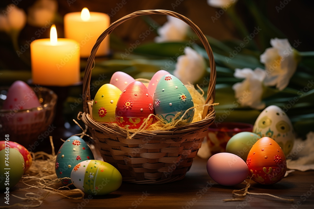 A delightful Easter scene: vibrant painted eggs nestled in a basket alongside flickering candles, celebrating Holy Easter. Capturing the spirit with vibrant colors and whimsical charm A delightful Easter scene: vibrant painted eggs nestled in a basket alongside flickering candles, celebrating Holy Easter. Capturing the spirit with vibrant colors and whimsical charm