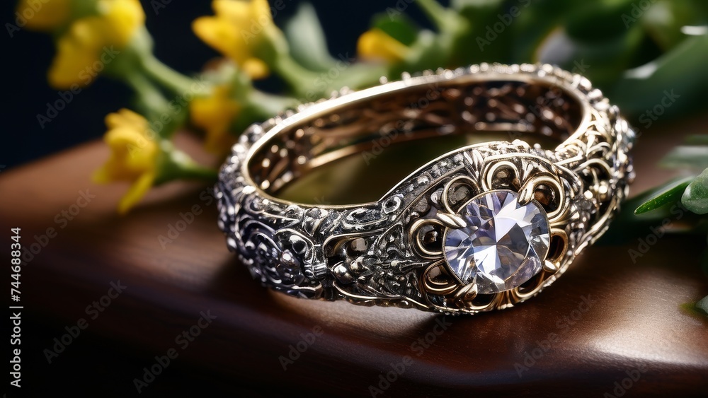 Wedding rings with diamonds and yellow flowers on a dark background Wedding rings with diamonds and yellow flowers on a dark background