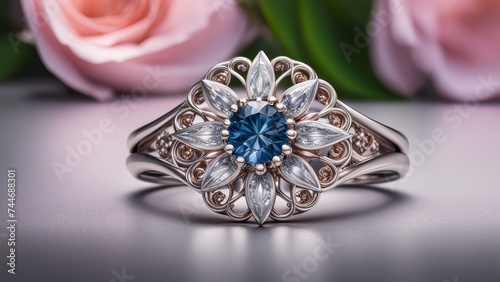 Jewelry ring with a blue sapphire and pink roses
