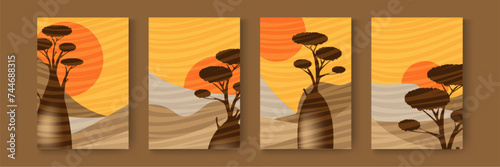 Set card of boab trees and abstract landscape. Baobab on Desert wild nature landscapes silhouette template. Vertical banners sand texture with pattern wavy lines. Dunes at sunset backgrounds