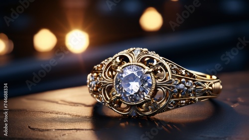 Jewelry ring with a blue sapphire on the table