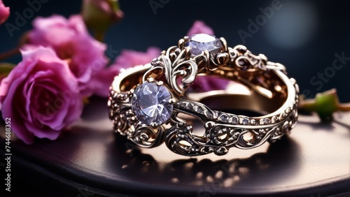 Wedding rings with sapphire and diamonds on a black background