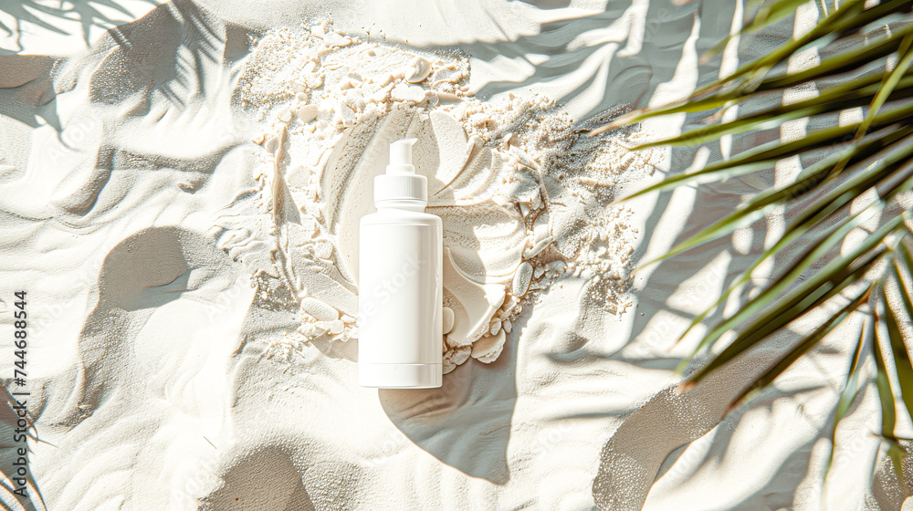 A blank sunscreen bottle on sandy beach with plant shadows and golden sunlight. A blank sunscreen bottle on sandy beach with plant shadows and golden sunlight.