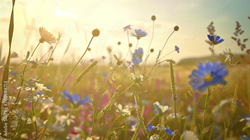 Fototapeta premium Field of wildflowers with sunlight in the background