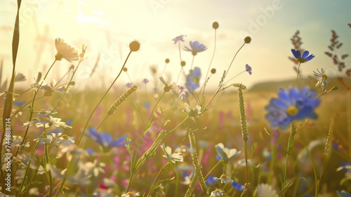 Field of wildflowers with sunlight in the background