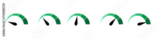 Dashboard green speedometer icons. Performance indicator sign. Evaluation of connection quality or speed. Stock Vector 