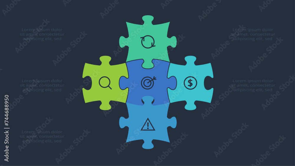 Puzzle infographic with 5 elements, presentations, vector illustration. Template for web on a black background. Puzzle infographic with 5 elements, presentations, vector illustration. Template for web on a black background.