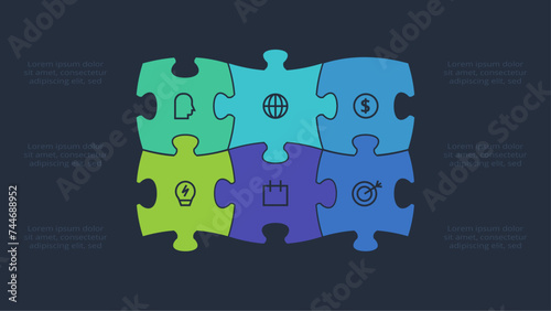 Puzzle infographic with 6 elements, presentations, vector illustration. Template for web on a black background.