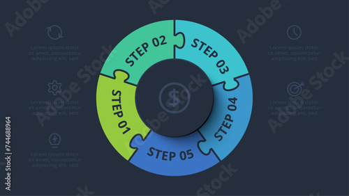 Puzzle infographic with 5 elements, presentations, vector illustration. Template for web on a black background.