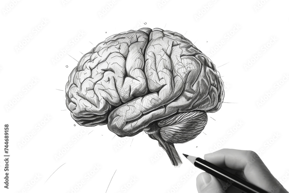 Drawing of a Human Brain With a Pencil. A detailed black and white drawing of a human brain created using a pencil, showcasing the intricate structures and complexity of the human mind. - obrazy, fototapety, plakaty 