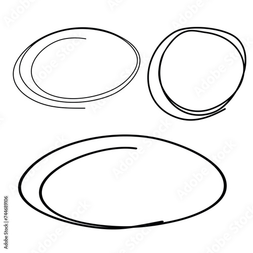 Vector abstract set of round frames. Black oval doodle sketch. Isolated Ink drawn lines for design.