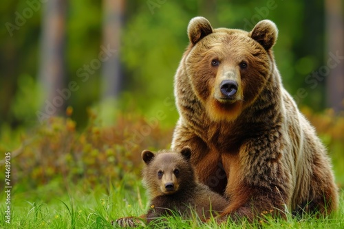 bear mother and cub on green grass Generative AI
