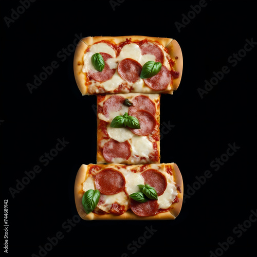 Alphabet I made from pizza on black background, Generative AI