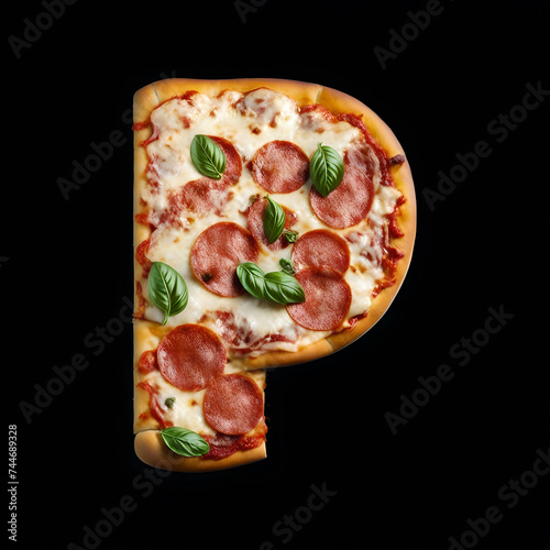 Alphabet P made from pizza on black background, Generative AI