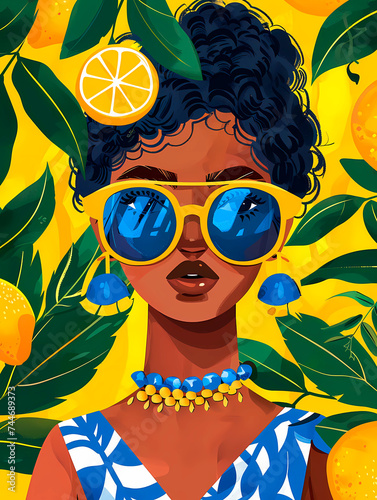 Portrait of African American woman in sunglasses with lemons.