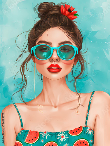 Portrait of beautiful young woman with red lips and watermelon in sunglasses
