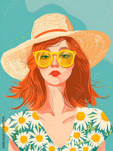 Beautiful girl in a hat and glasses with daisies.