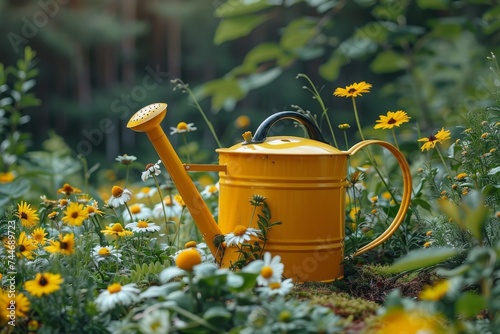 Sun-kissed blooms thrive under the care of a cheerful yellow watering can in a lush garden oasis
