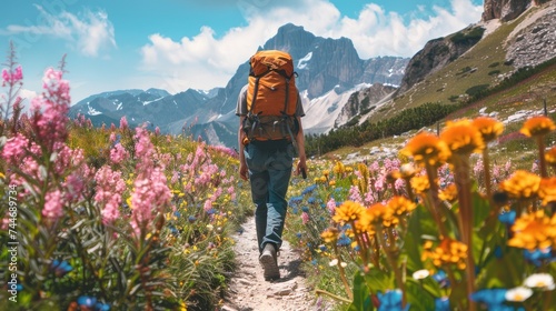 Hiker walking to mountains. Travel and camping adventure lifestyle with outdoor activity. Vacation concept  photo