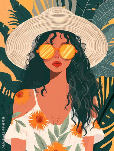 Beautiful girl in a hat and sunglasses on a tropical background.