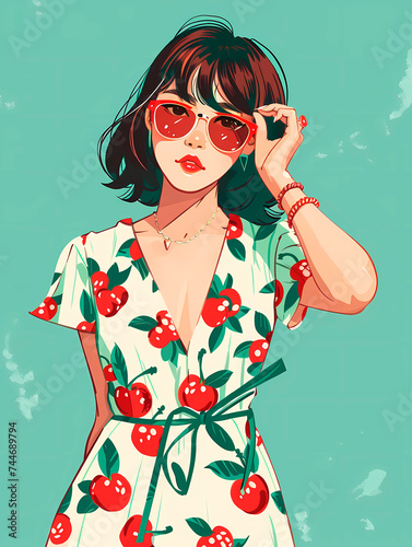 Beautiful young woman in retro style with sunglasses.
