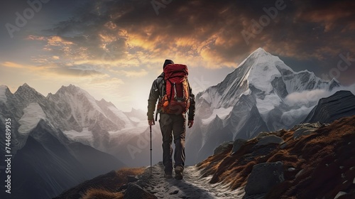 Hiker walking to mountains. Travel and camping adventure lifestyle with outdoor activity. Vacation concept 