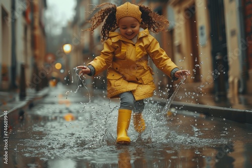 A playful young girl splashes joyfully in a bright yellow raincoat, her toy forgotten as she embraces the simple pleasures of a rainy day on the street
