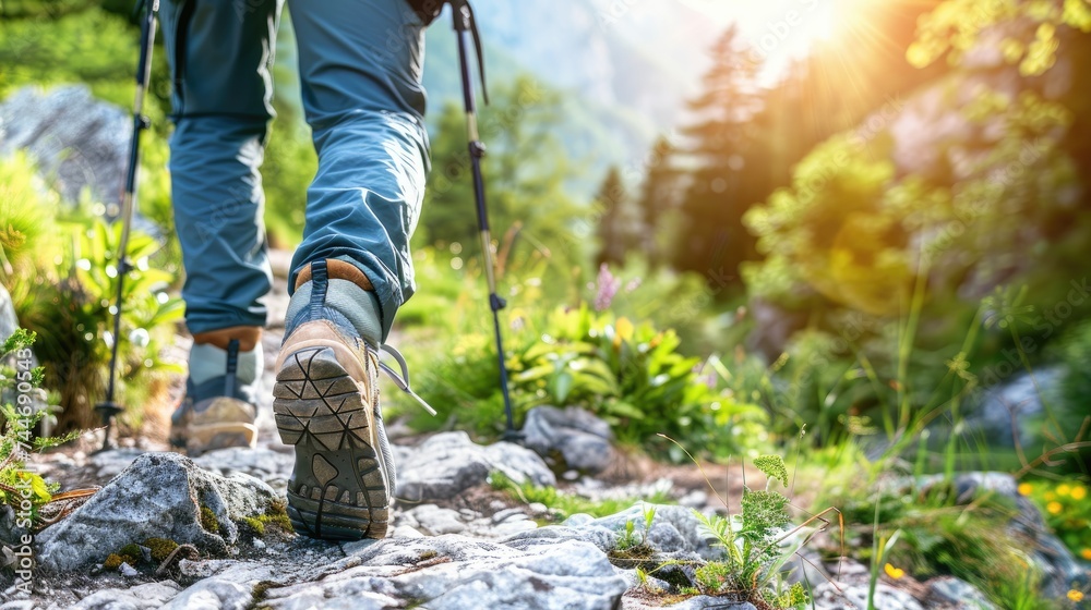 Trekking. Men's legs with sports shoes and a backpack run along a mountain path. Travel and camping adventure lifestyle with outdoor activity Trekking. Men's legs with sports shoes and a backpack run along a mountain path. Travel and camping adventure lifestyle with outdoor activity