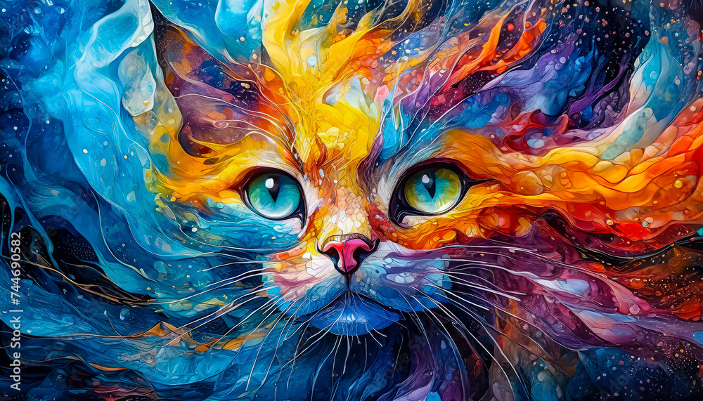 Visage d'un chat avec des éclaboussures de peinture colorée