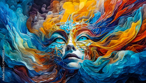 Visage d'une déesse avec des éclaboussures de peinture colorée