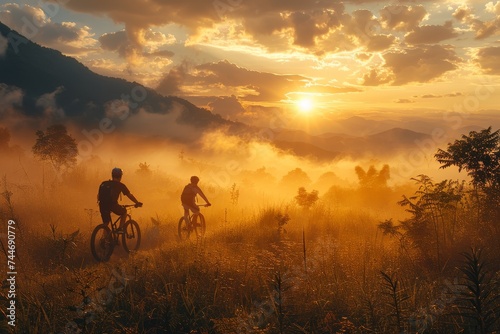 As the fog rolled in, two adventurous souls rode their bicycles through the misty landscape, surrounded by towering trees and the ever-changing sky, chasing the rising sun on the horizon © familymedia