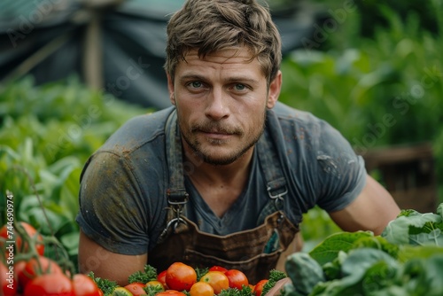 A man dressed in earthy clothing stands proudly in a lush garden, surrounded by an abundance of fresh produce, including vibrant fruits and superfood vegetables, emphasizing the importance of local, 