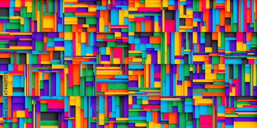 Seamless background with colorful randomly stacked rainbow rectangles. Trendy artistic block design with colorful chaotic squares and shadows for banner, poster, flyer or cover. Vector illustration