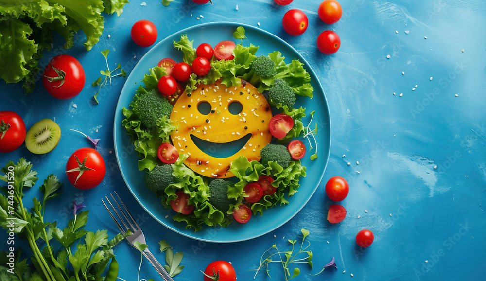 Healthy food concept. Smiling face made of fresh vegetables on blue plate