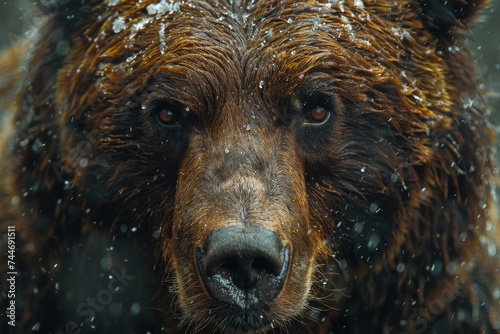The majestic grizzly bear's intense gaze and powerful snout captured in stunning detail against the rugged outdoor backdrop evokes a sense of both awe and respect for this formidable mammal