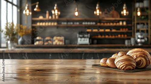upscale bakery - long table with modern kitchen background