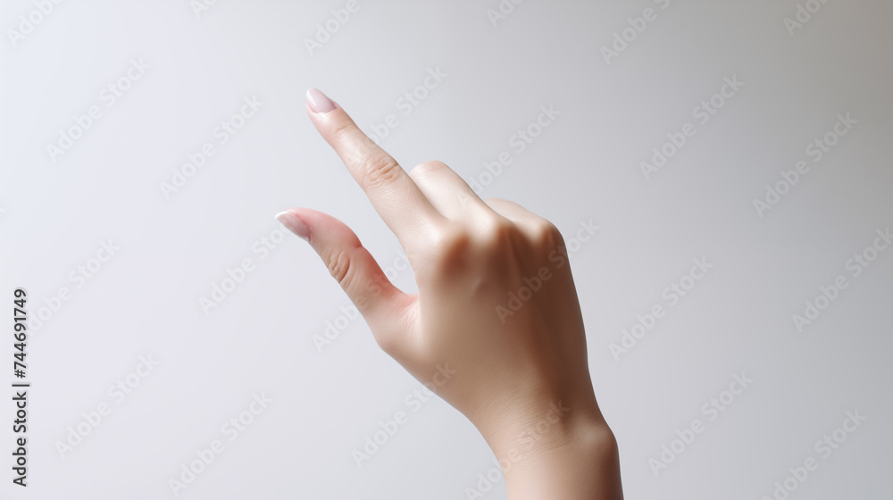 Isolated white background featuring a woman's hand gesturing and pointing, showcasing a symbol with fingers and an open palm