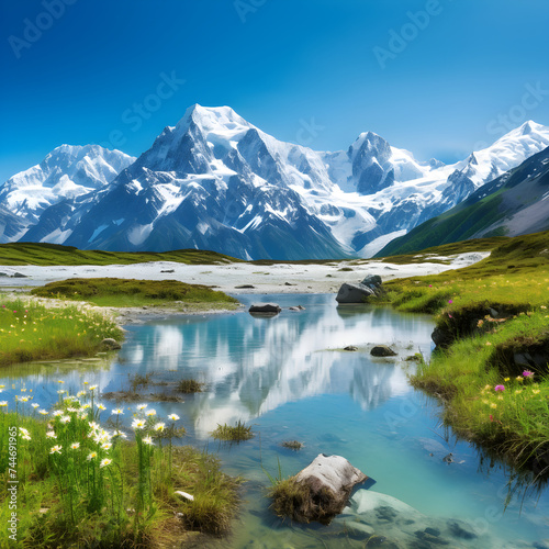 Panoramic View of Pristine Landscape: Serene Lake, Verdant Plains and Majestic Mountain Peaks