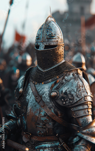 Ultra realistic crusader or medieval knight with armor, battle worn, equipped for war. Professional soldier closeup portrait. photo