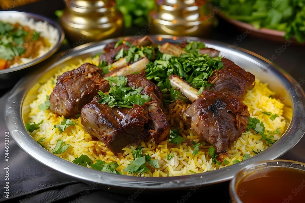 Kabsa on a Pottery Plate,Close-Up view. Showcasing the Richness of Traditional Saudi Arabian Cuisine