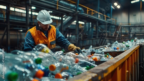 A worker goes through Plastic bottles at a garbage recycling plant. Waste management Concept.