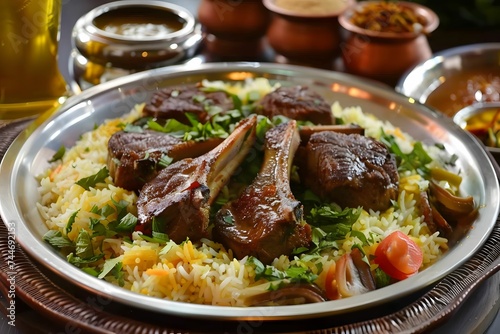 Kabsa on a Pottery Plate,Close-Up view. Showcasing the Richness of Traditional Saudi Arabian Cuisine