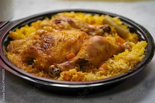 CloseUp view of Traditional Saudi Arabian Kabsa on Pottery Plate - A Glimpse of Authentic Culinary Delight
