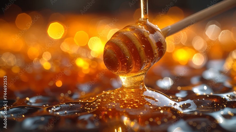 Honey dripping from a wooden honey dipper on honeycombs, on a golden bokeh background - obrazy, fototapety, plakaty 