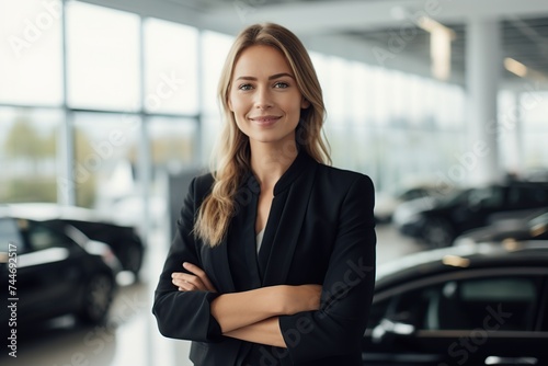 Confident female sales associate posing in a modern car showroom, representing professionalism and trust