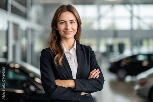 Confident female sales associate posing in a modern car showroom, representing professionalism and trust